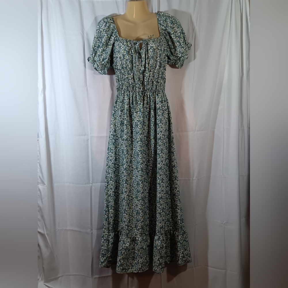 Hesperus Womens Medium Floral Maxi Dress Green Milkmaid Peasant Feminine Cottage